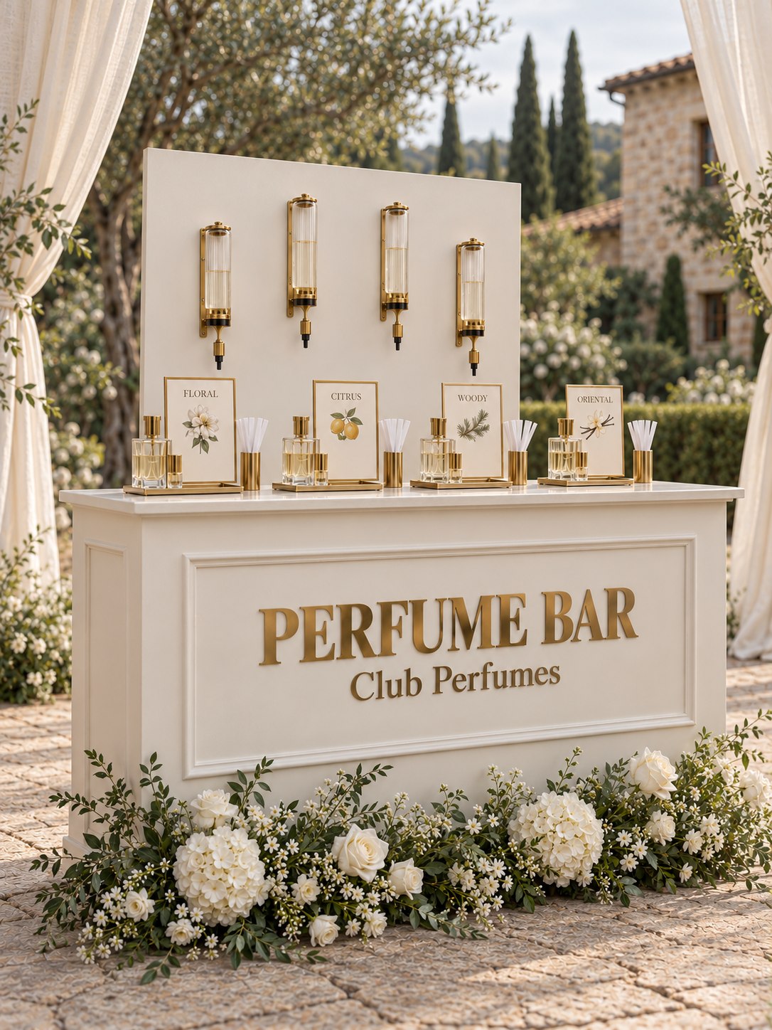 Perfume Bar avorio con dettagli in ottone e fiori bianchi in un giardino per matrimoni