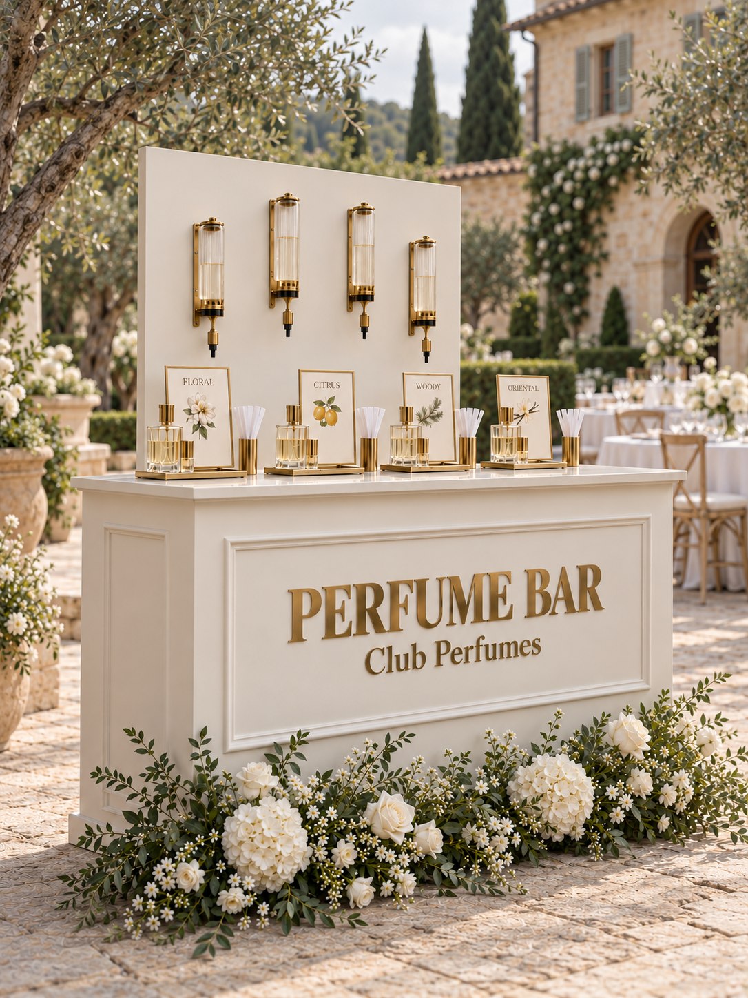 Lo stesso Perfume Bar avorio visto di lato tra gli ulivi nel cortile di una villa