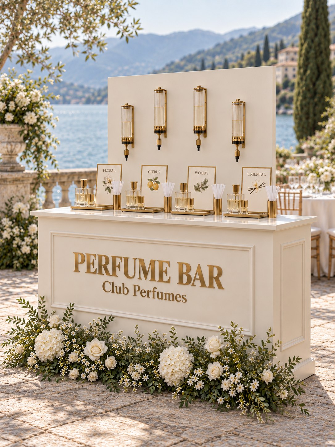Lo stesso Perfume Bar avorio e ottone su una terrazza affacciata sul lago