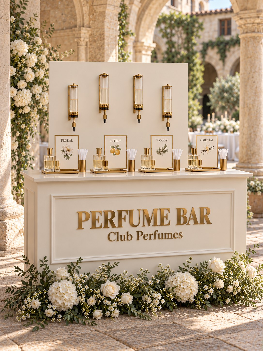 Vista frontale dello stesso Perfume Bar avorio sotto le arcate di un chiostro