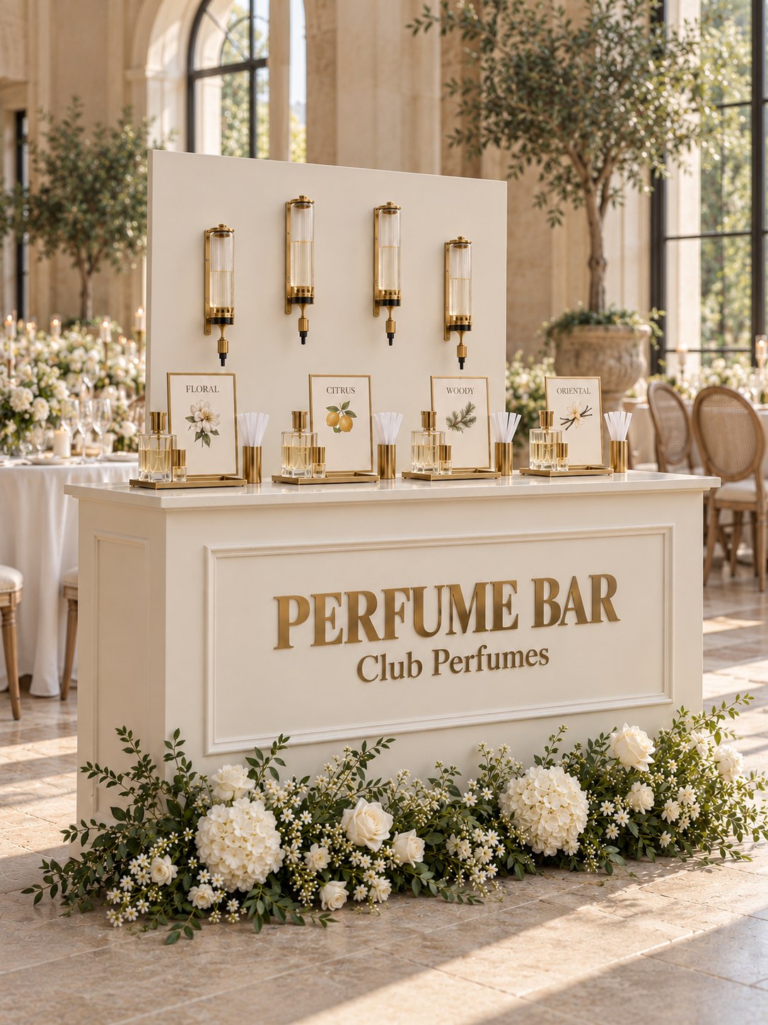 Lo stesso Perfume Bar avorio con fiori bianchi nella sala di un ricevimento di nozze