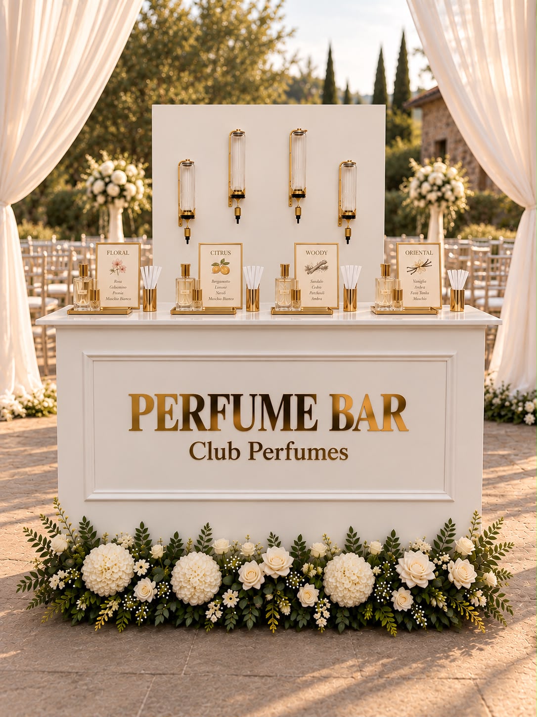 Banco Perfume Bar Club Perfumes bianco e oro tra fiori e tende